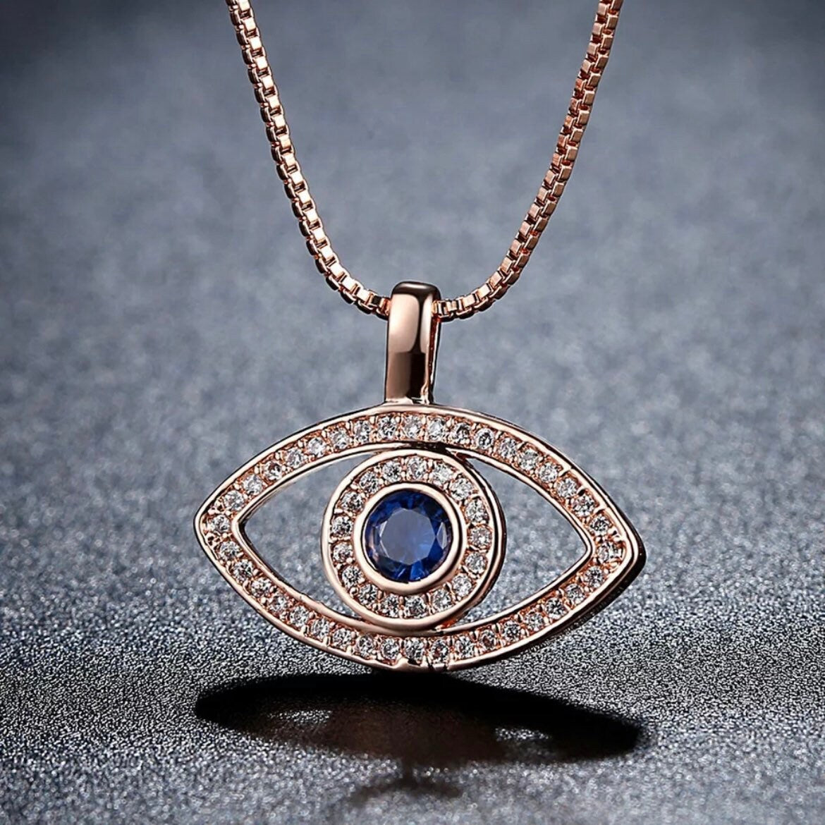 Blue Stone Lucky Cubic Zirconia Evil Eye Pendant Chain Necklace