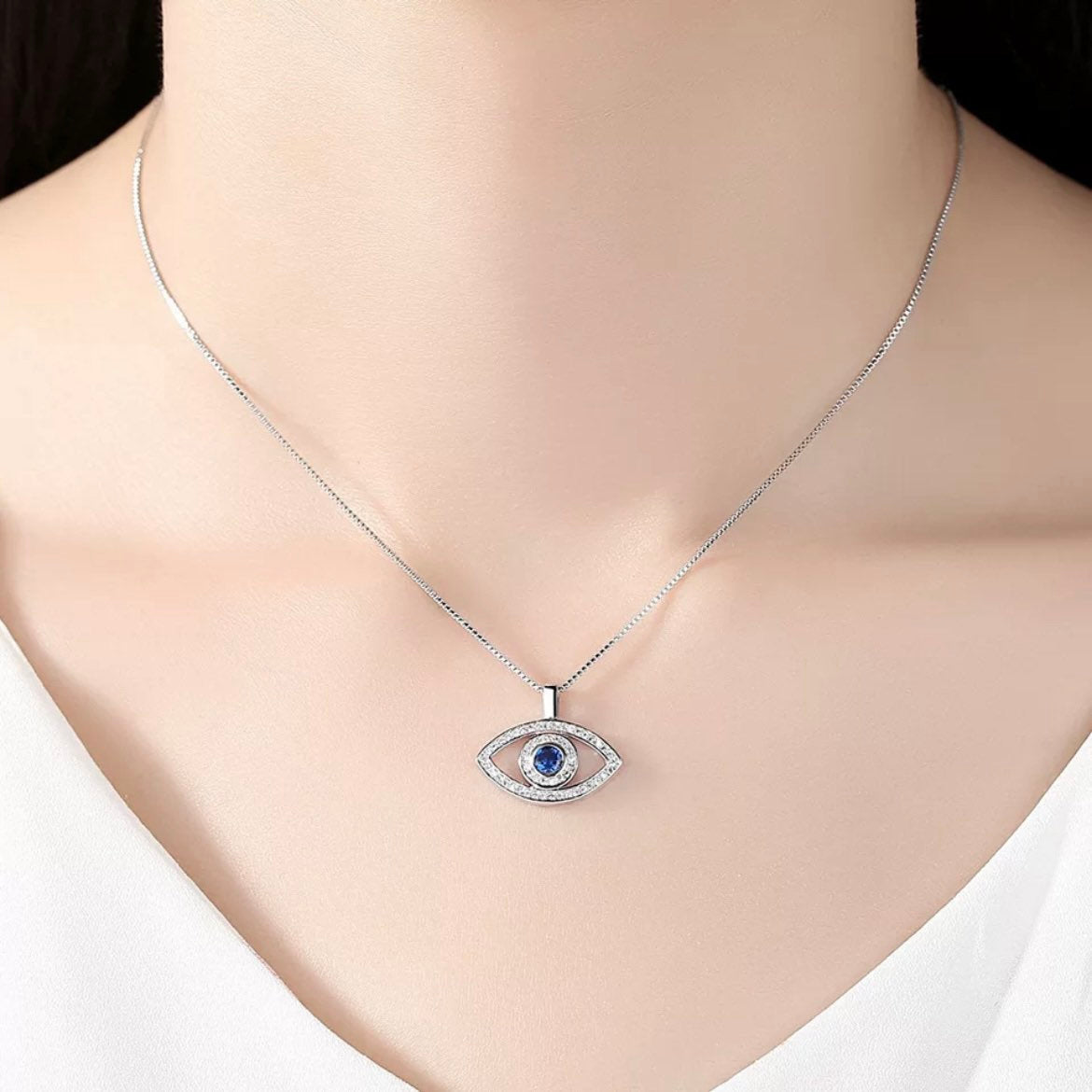 Blue Stone Lucky Cubic Zirconia Evil Eye Pendant Chain Necklace