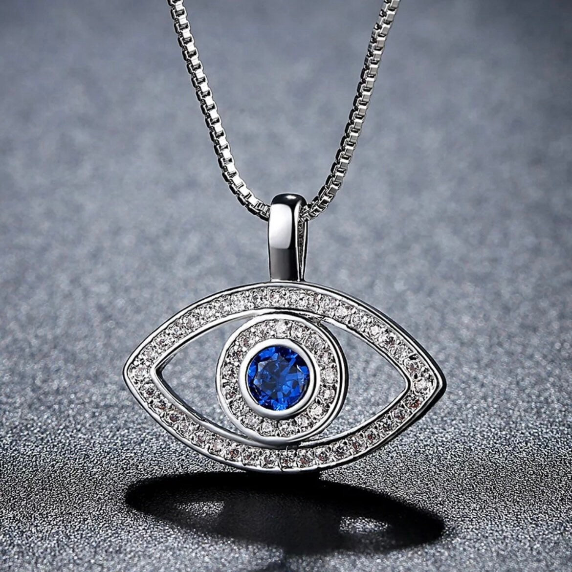 Blue Stone Lucky Cubic Zirconia Evil Eye Pendant Chain Necklace