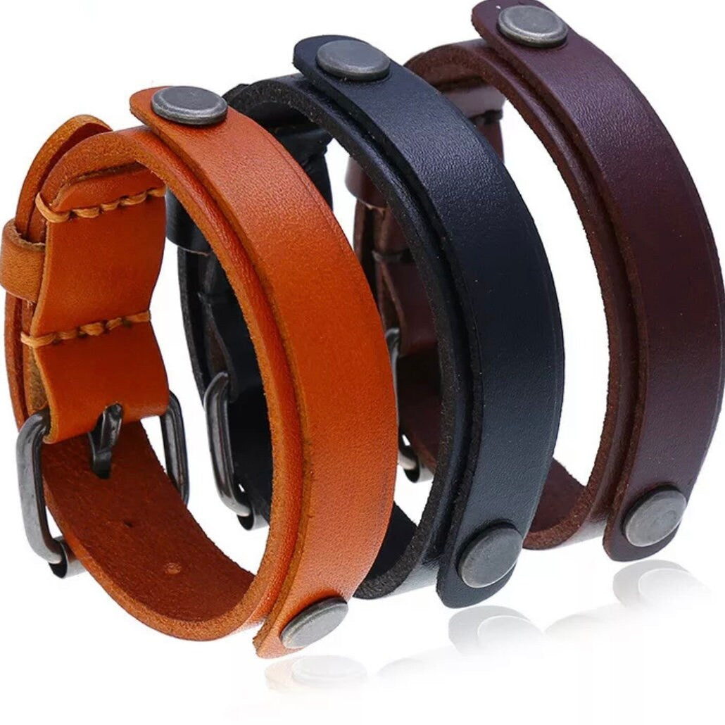 Double Layer Leather Wrap Wristband Adjustable Bracelet Cuff Available in Light brown Dark Brown & Black