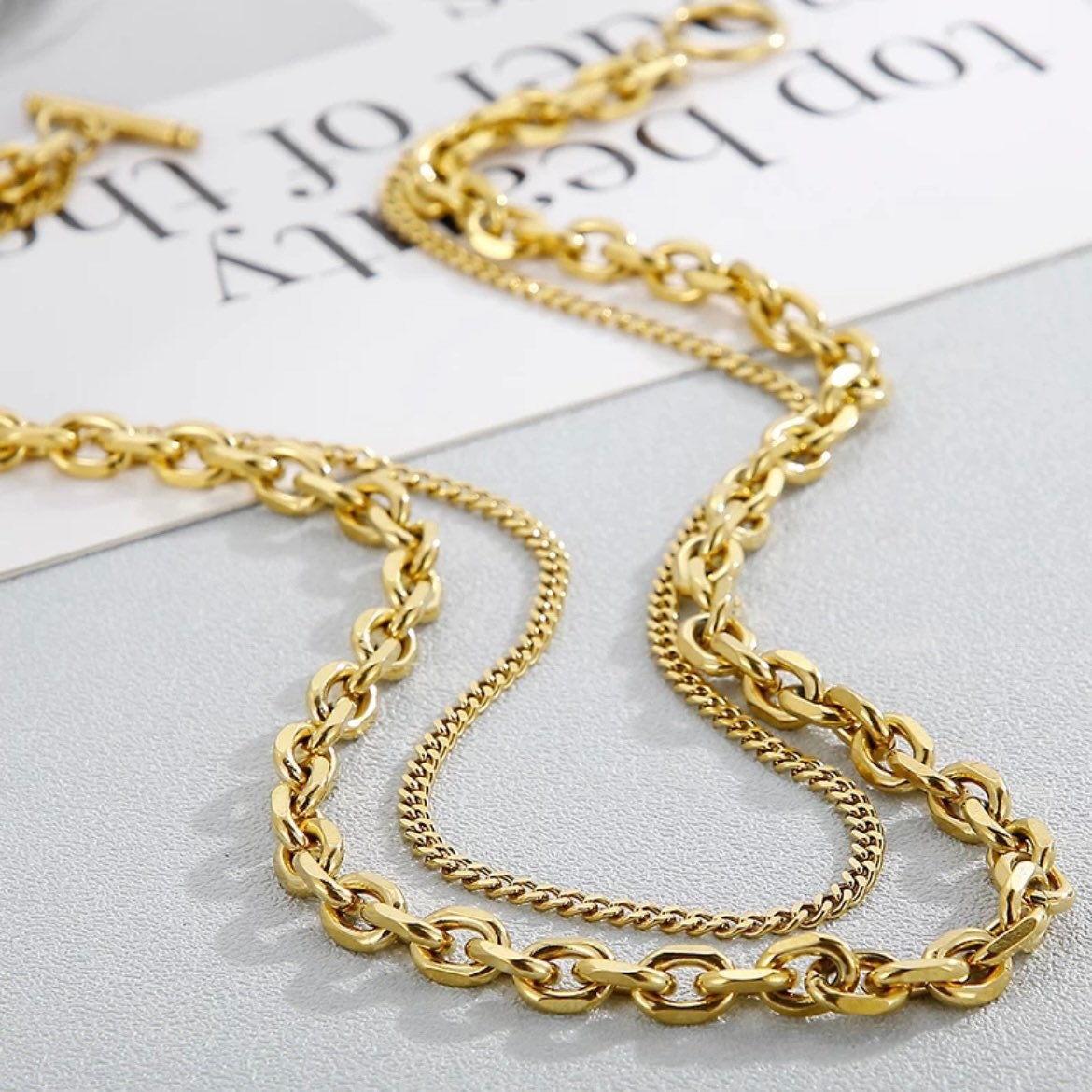 Stainless Steel Double Layer Cuban Link Chain Choker Necklace Available in Gold Silver and Black/Silver Colours