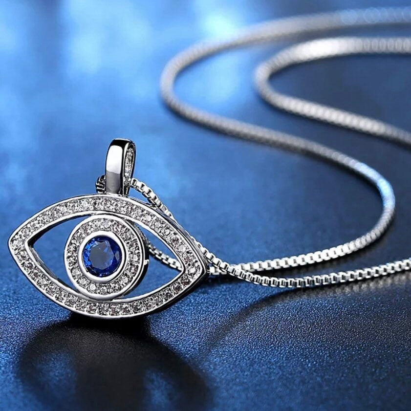 Blue Stone Lucky Cubic Zirconia Evil Eye Pendant Chain Necklace