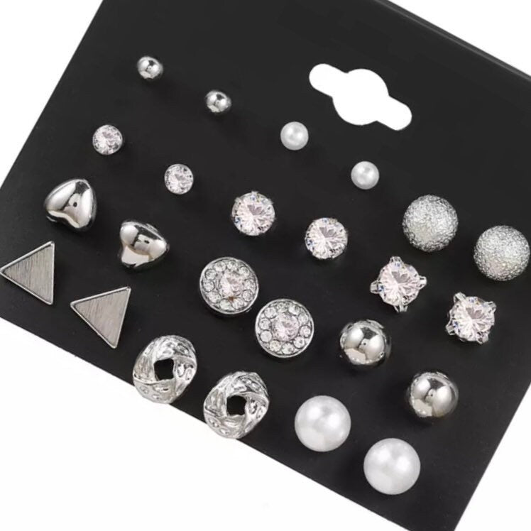 12 Pairs/Set Silver Colour Mixed Shaped Stud Earrings