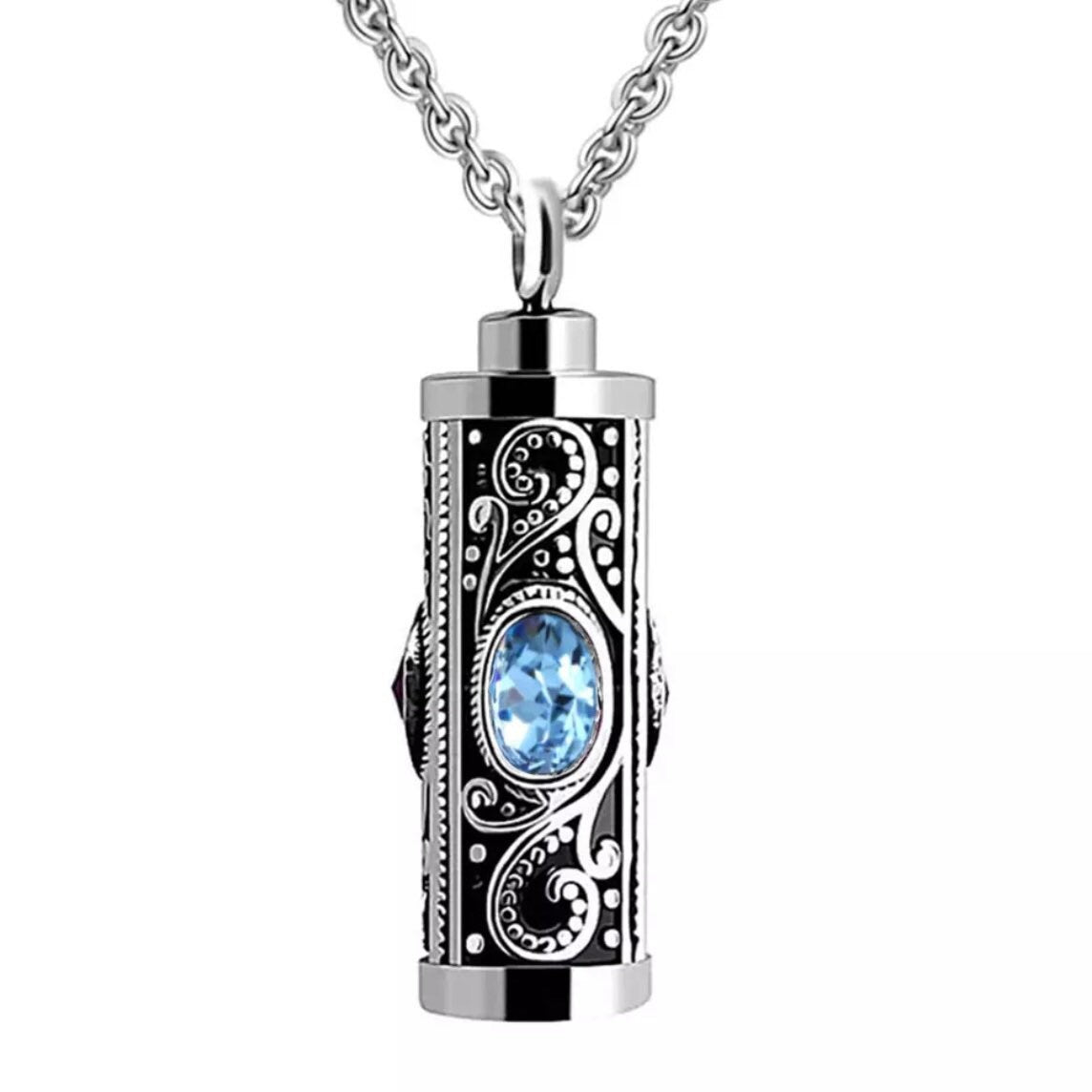 Crystal Stainless Steel Cylinder Cremation Urn Ashes Pendant Necklace Available in Red, Purple, White or Blue Crystal