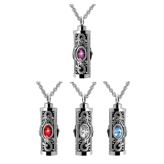 Crystal Stainless Steel Cylinder Cremation Urn Ashes Pendant Necklace Available in Red, Purple, White or Blue Crystal