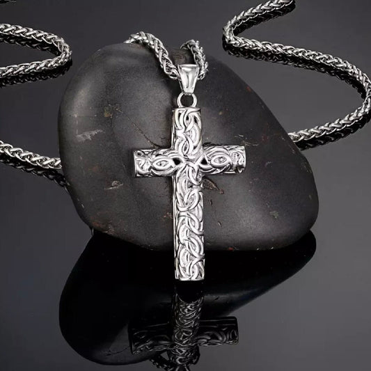 Vintage Cross Stainless Steel Silver Gothic Pendant on a Silver Necklace