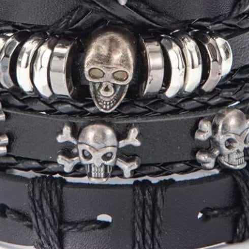 Multi Layer Black Leather Punk Skull Skeleton Star Charm Bracelet