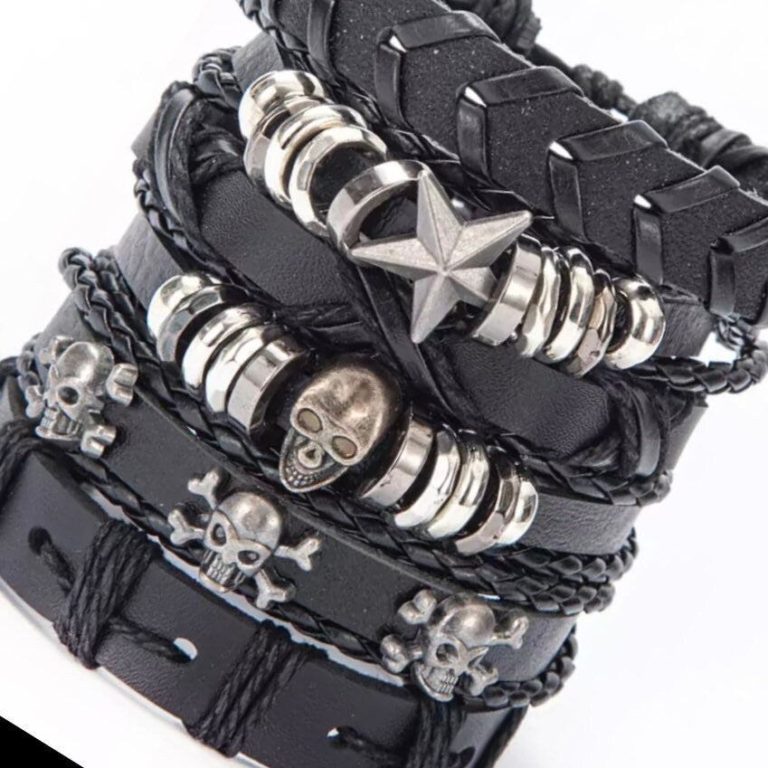 Multi Layer Black Leather Punk Skull Skeleton Star Charm Bracelet