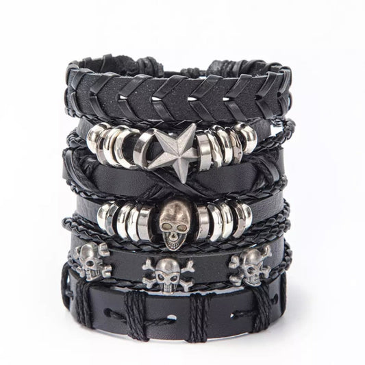 Multi Layer Black Leather Punk Skull Skeleton Star Charm Bracelet