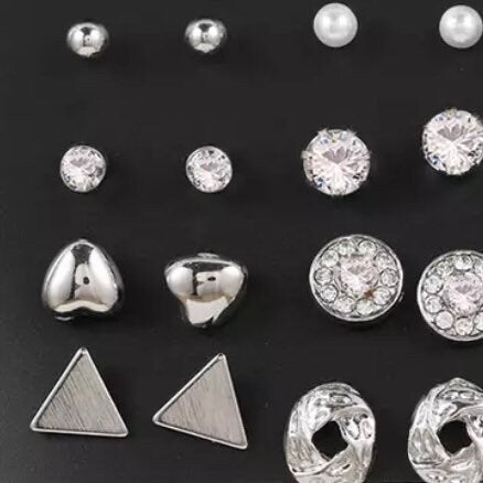 12 Pairs/Set Silver Colour Mixed Shaped Stud Earrings