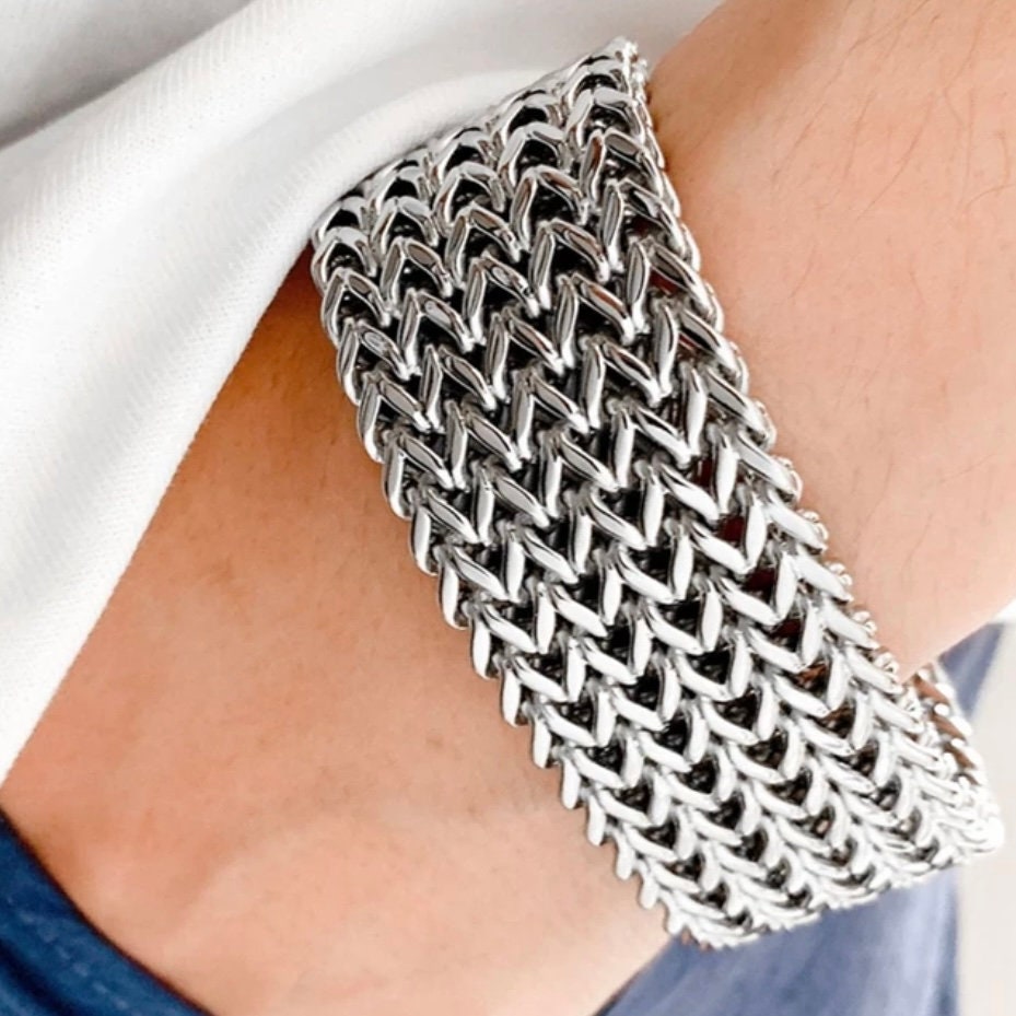 30MM Silver Stainless Steel Mesh Link Chain Polished Bracelet Bangle