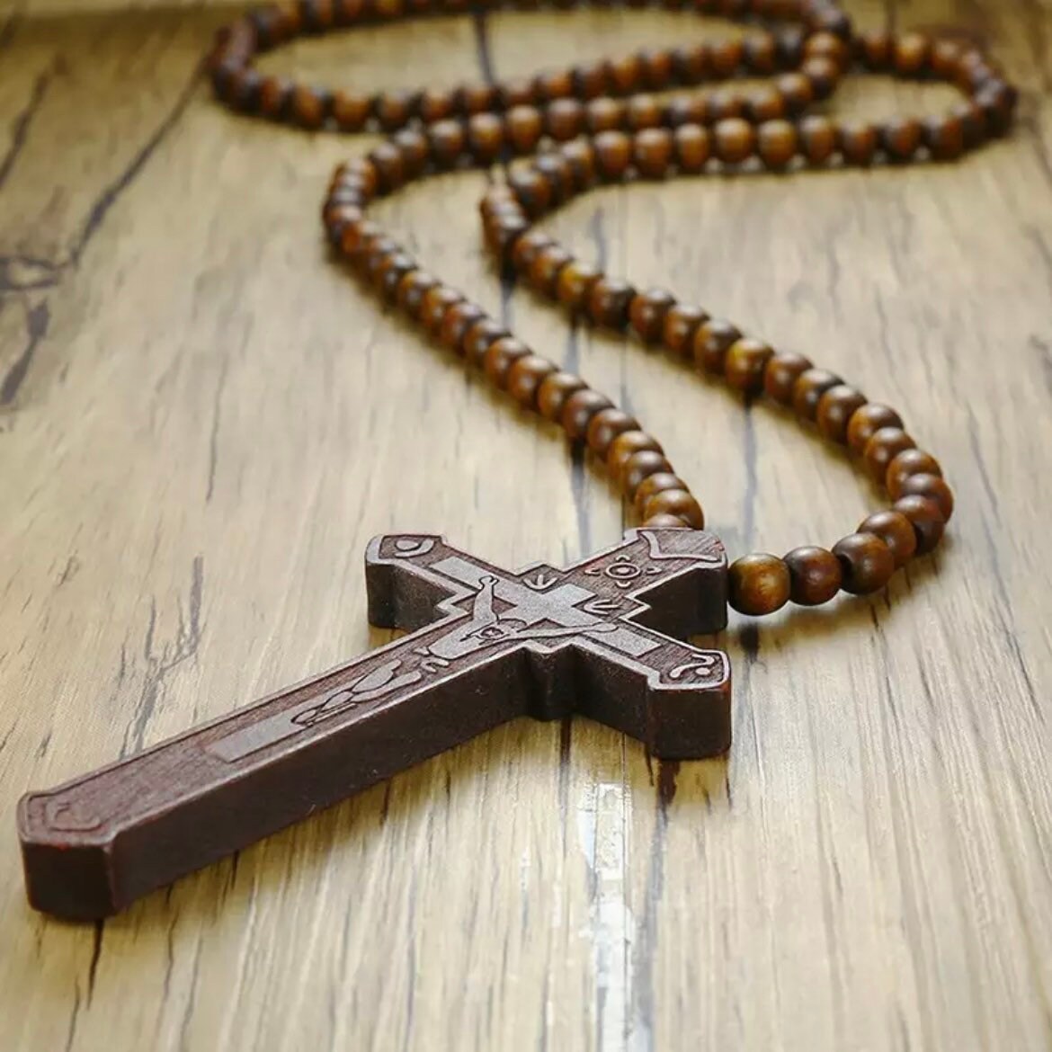 36" Long Rosary Wooden Bead Necklace with Large Wood Religious Cross Pendant