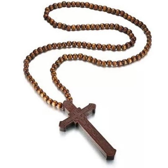 36" Long Rosary Wooden Bead Necklace with Large Wood Religious Cross Pendant