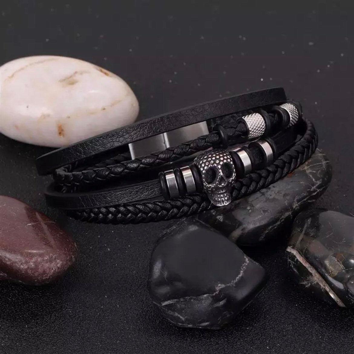 Stainless Steel Skull Head and Beads Black Multilayer Leather Bracelet