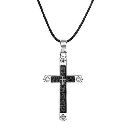 Religious Trendy Cross Pendant on a Black Leather PU Necklace