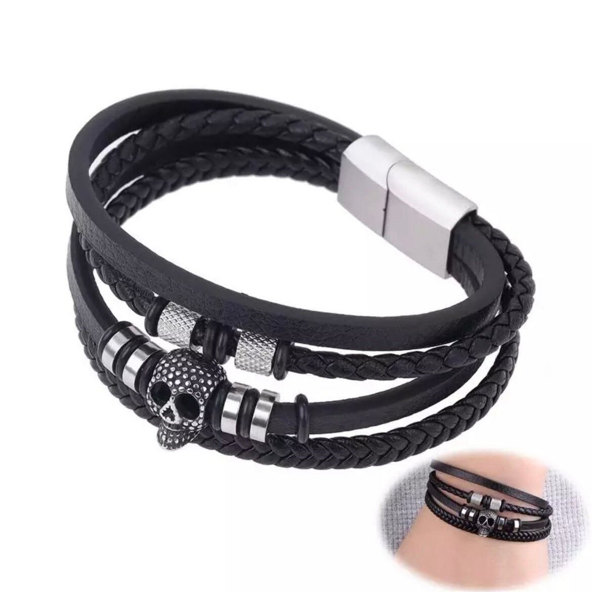 Stainless Steel Skull Head and Beads Black Multilayer Leather Bracelet