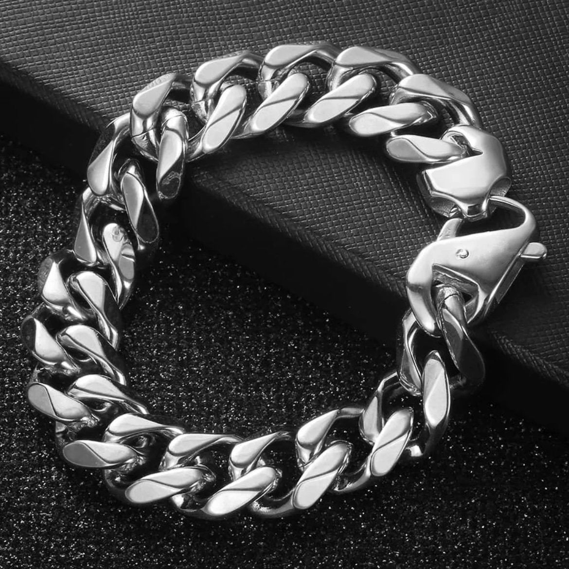 15mm Silver Matte Stainless Steel Curb Cuban Link Chain Bracelet