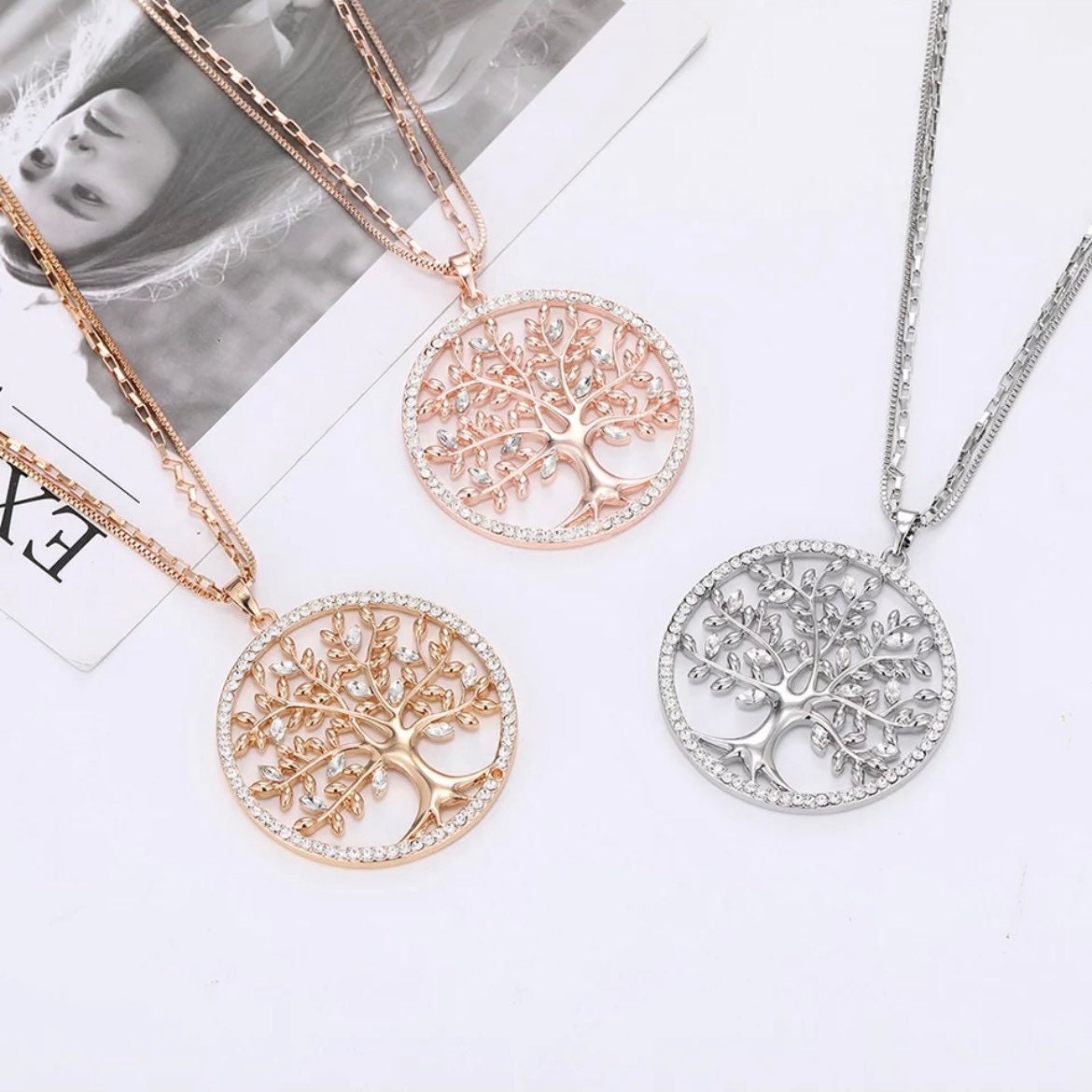 Double Chain Tree of Life Crystal Long Necklace Available in 3 Colours