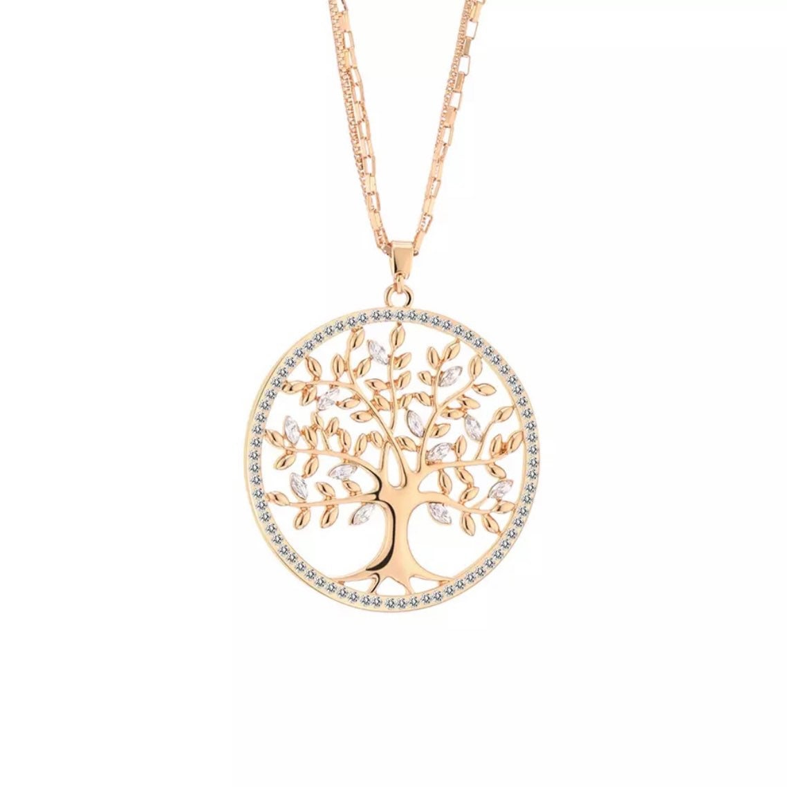 Double Chain Tree of Life Crystal Long Necklace Available in 3 Colours