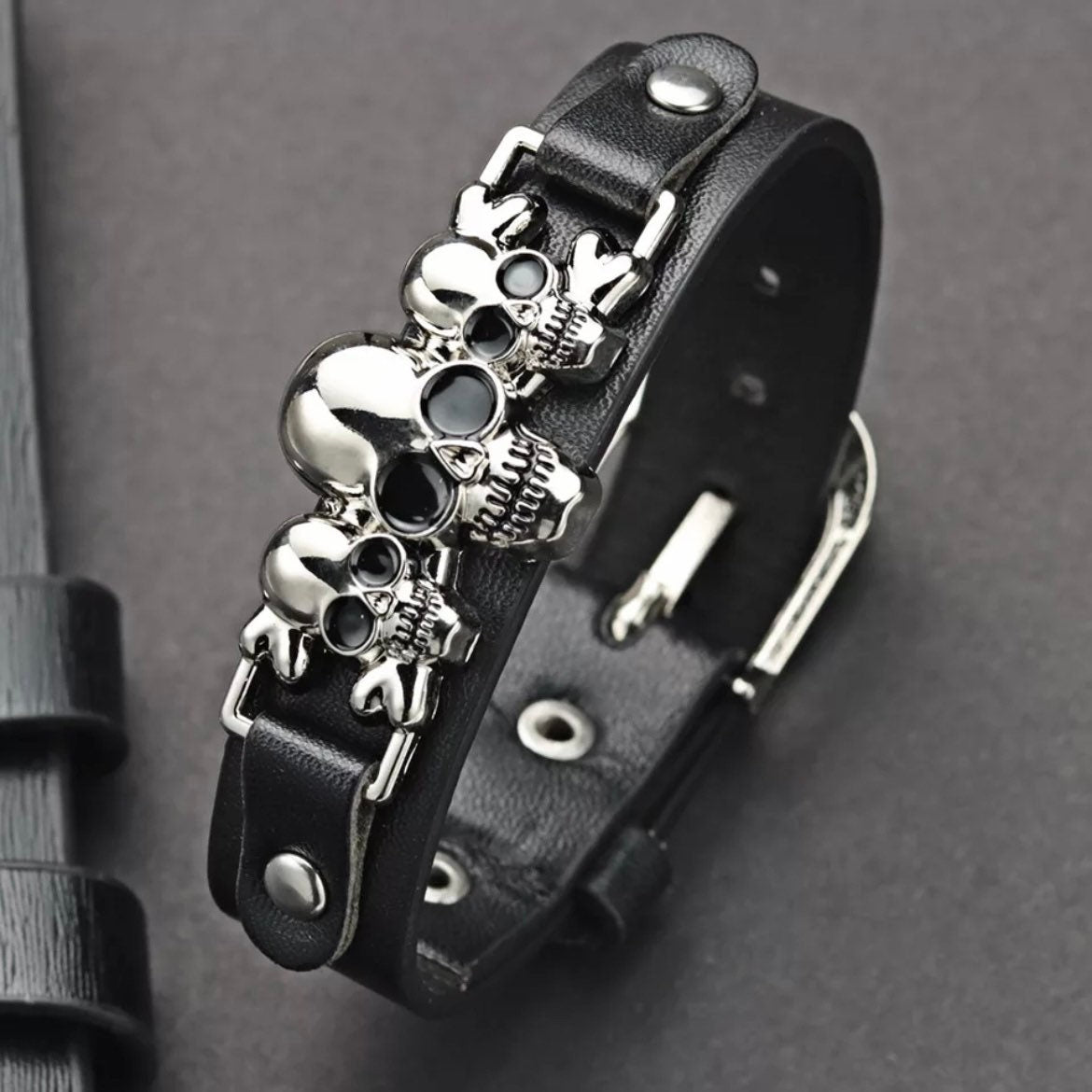 Cool Punk Skeleton Skull Leather Belt Style Bracelet Cuff