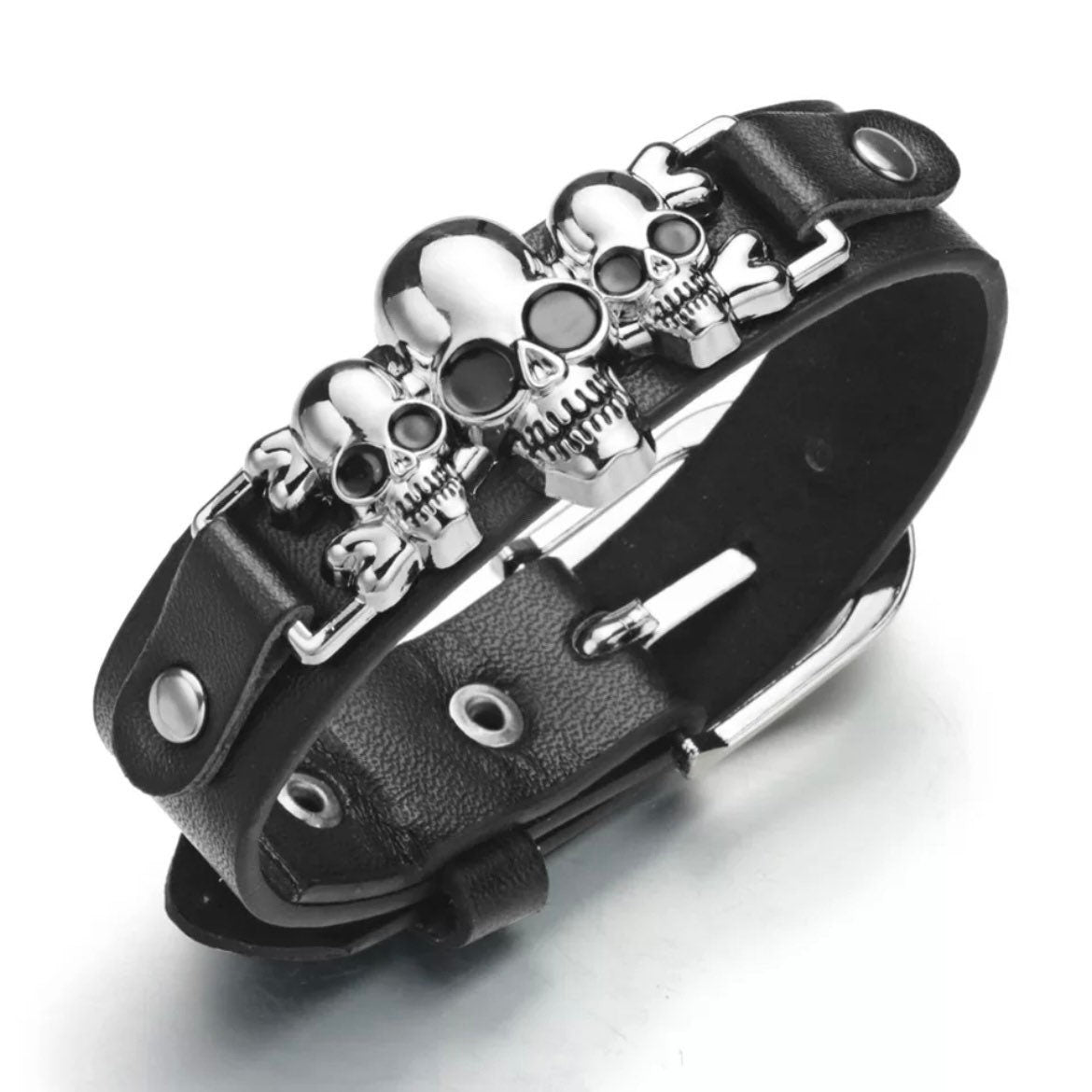 Cool Punk Skeleton Skull Leather Belt Style Bracelet Cuff