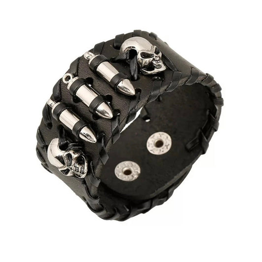 Punk Gothic Hip Hop Skull Skeleton Head Bullets Wide Leather Bracelet Wrap Cuff