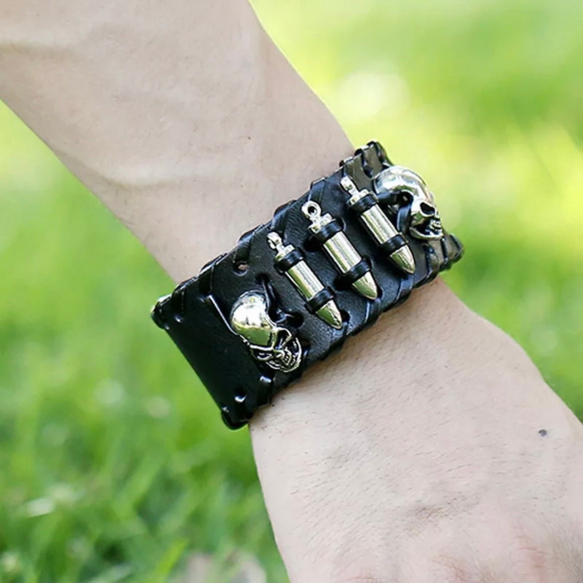 Punk Gothic Hip Hop Skull Skeleton Head Bullets Wide Leather Bracelet Wrap Cuff