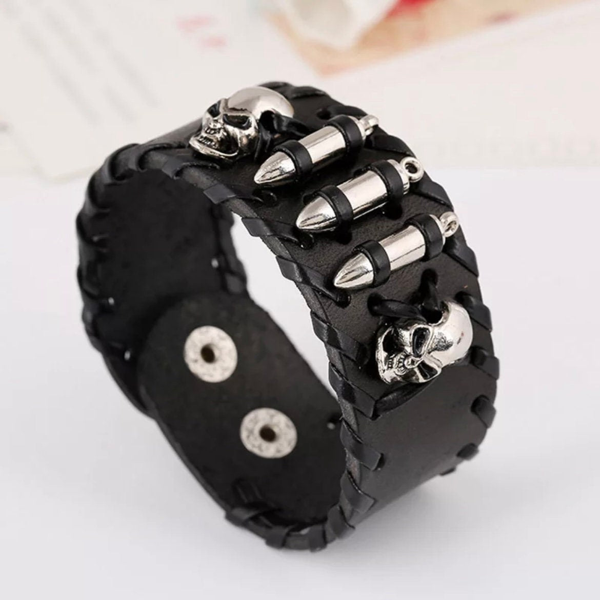 Punk Gothic Hip Hop Skull Skeleton Head Bullets Wide Leather Bracelet Wrap Cuff