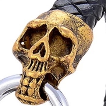 Punk Gold & Black Skull Heads with Black Braided Leather wrap Chain Spring Buckle Bracelet