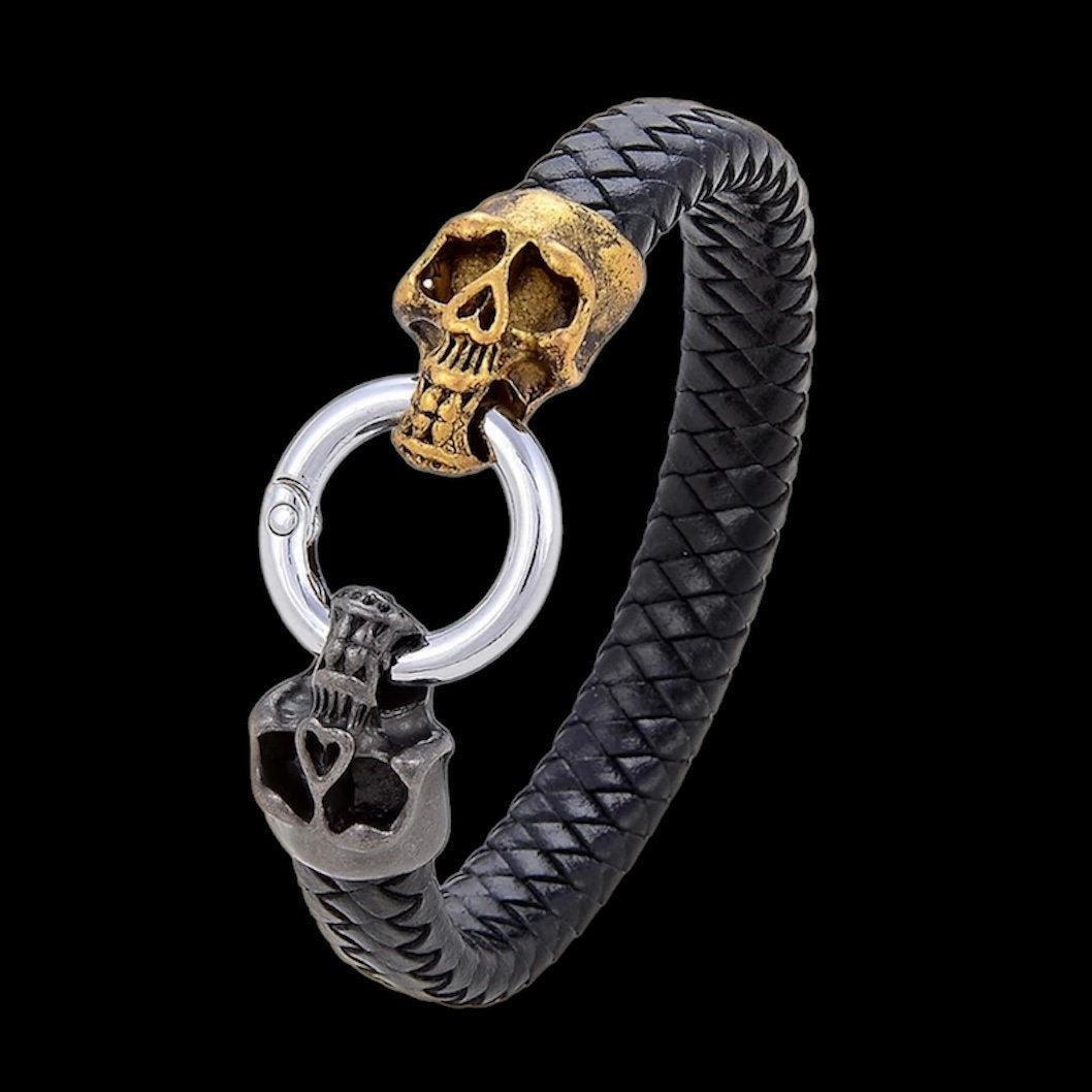 Punk Gold & Black Skull Heads with Black Braided Leather wrap Chain Spring Buckle Bracelet