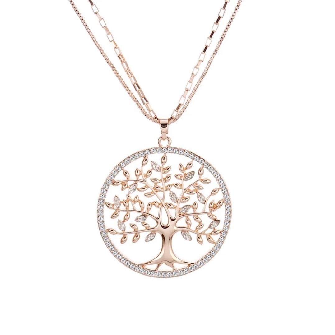 Double Chain Tree of Life Crystal Long Necklace Available in 3 Colours