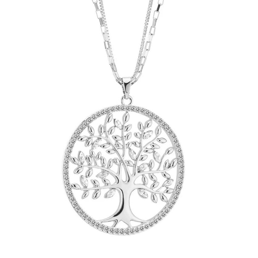 Double Chain Tree of Life Crystal Long Necklace Available in 3 Colours