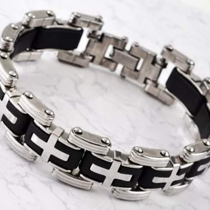 Stainless Steel Light Link Chain Cross Biker Bracelet Cuff