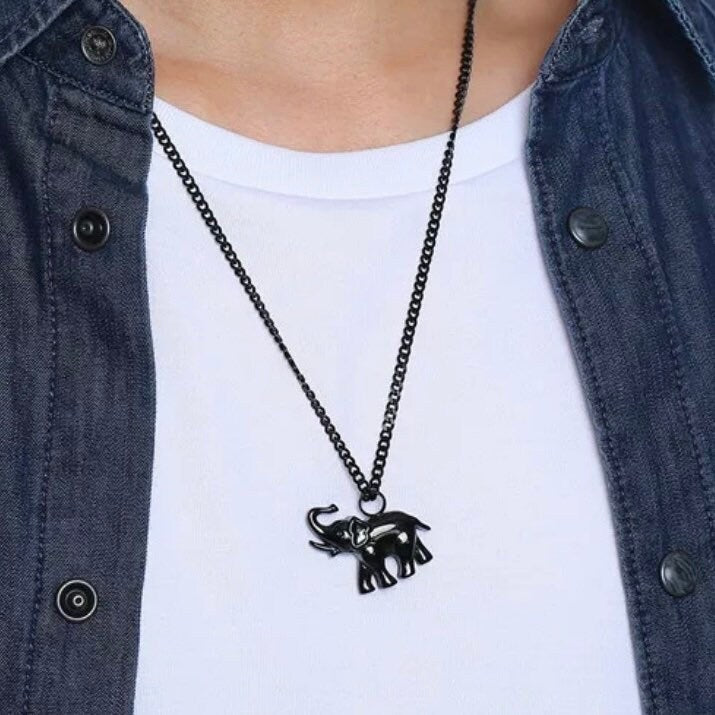 Black Stainless Steel Elephant Pendant Necklace