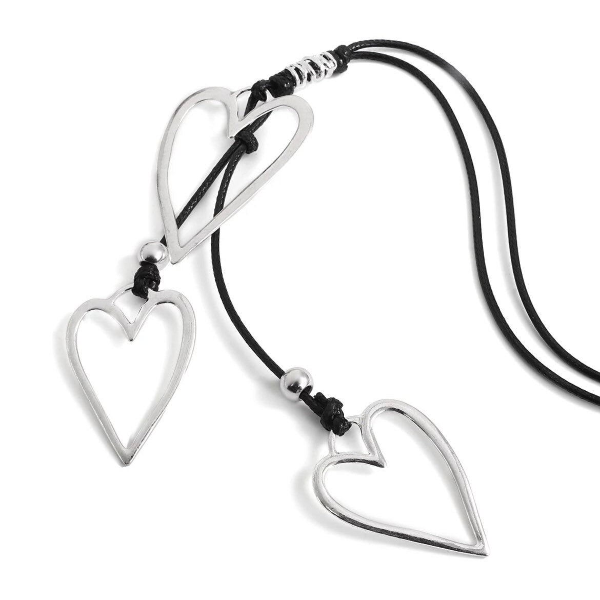 Triple Heart Silver Statement Pendant Long Black Necklace