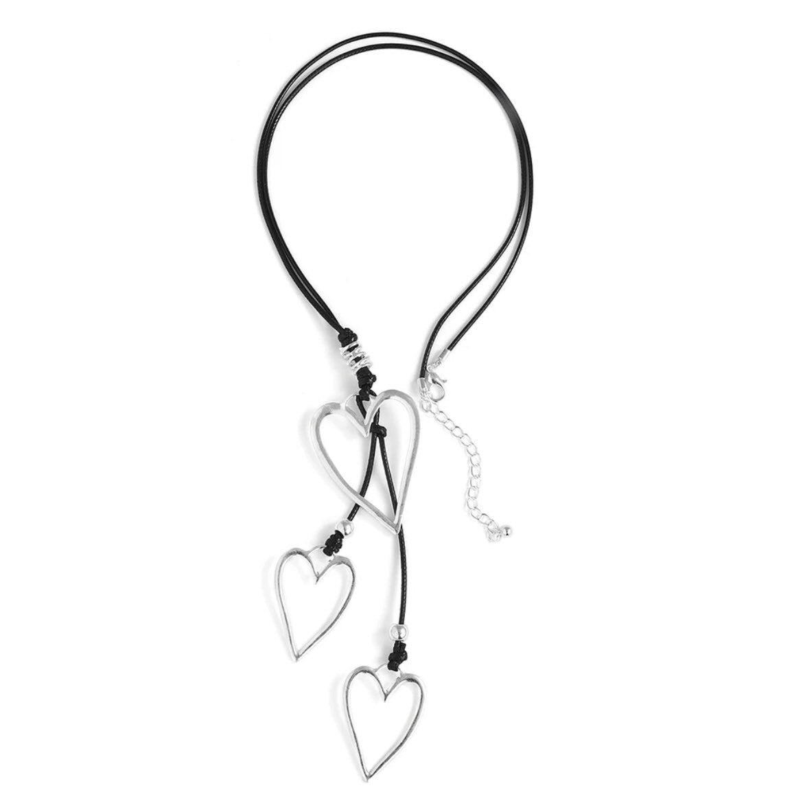 Triple Heart Silver Statement Pendant Long Black Necklace