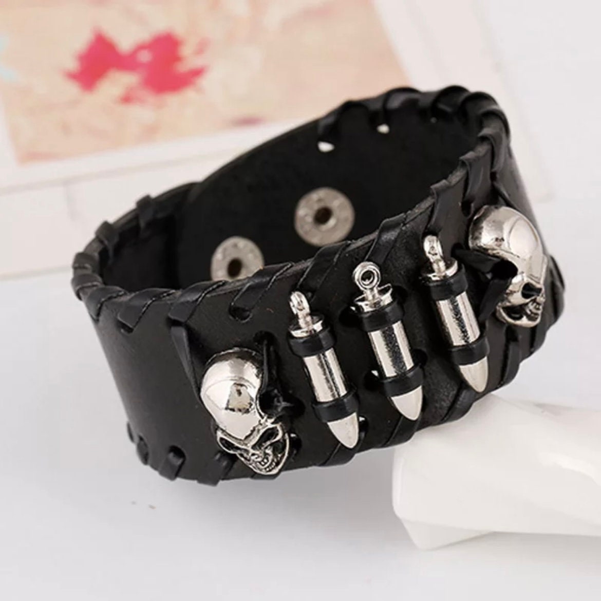 Punk Gothic Hip Hop Skull Skeleton Head Bullets Wide Leather Bracelet Wrap Cuff