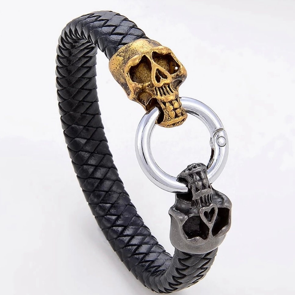 Punk Gold & Black Skull Heads with Black Braided Leather wrap Chain Spring Buckle Bracelet