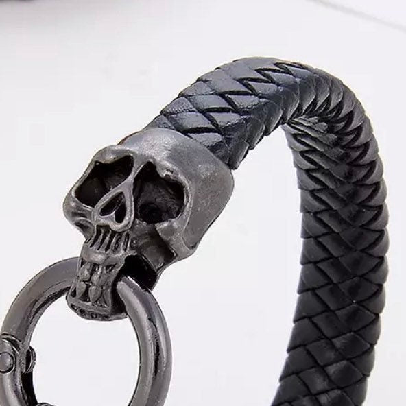 Punk Gold & Black Skull Heads with Black Braided Leather wrap Chain Spring Buckle Bracelet