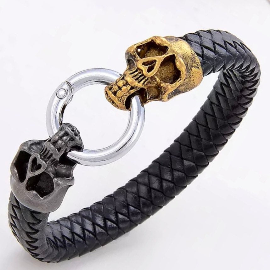 Punk Gold & Black Skull Heads with Black Braided Leather wrap Chain Spring Buckle Bracelet