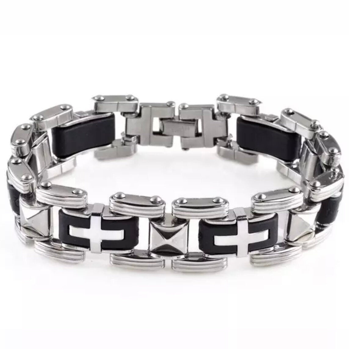 Stainless Steel Light Link Chain Cross Biker Bracelet Cuff