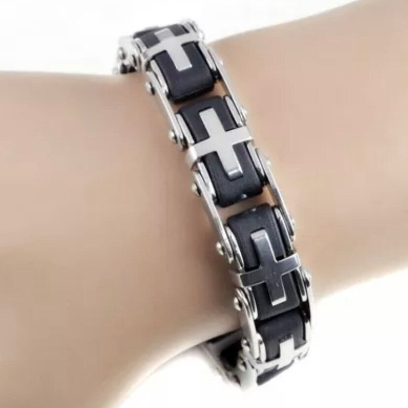 Stainless Steel Light Link Chain Cross Biker Bracelet Cuff