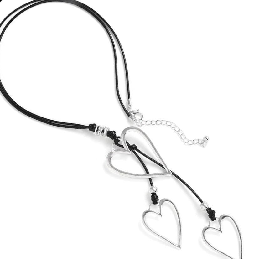 Triple Heart Silver Statement Pendant Long Black Necklace