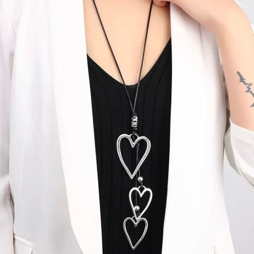 Triple Heart Silver Statement Pendant Long Black Necklace