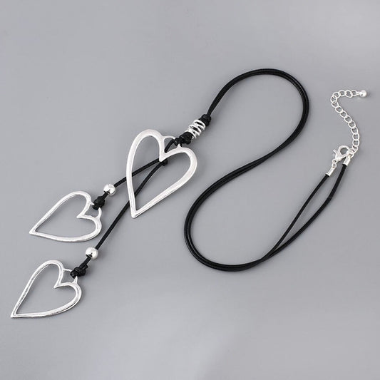 Triple Heart Silver Statement Pendant Long Black Necklace