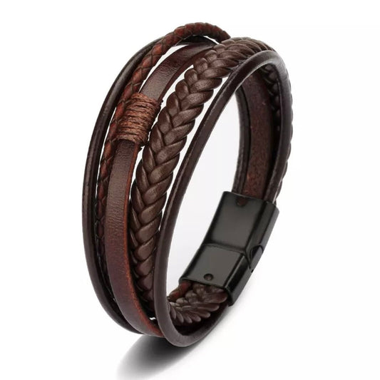 Leather Stainless Steel Multilayer Braided Rope Bracelet Wristband