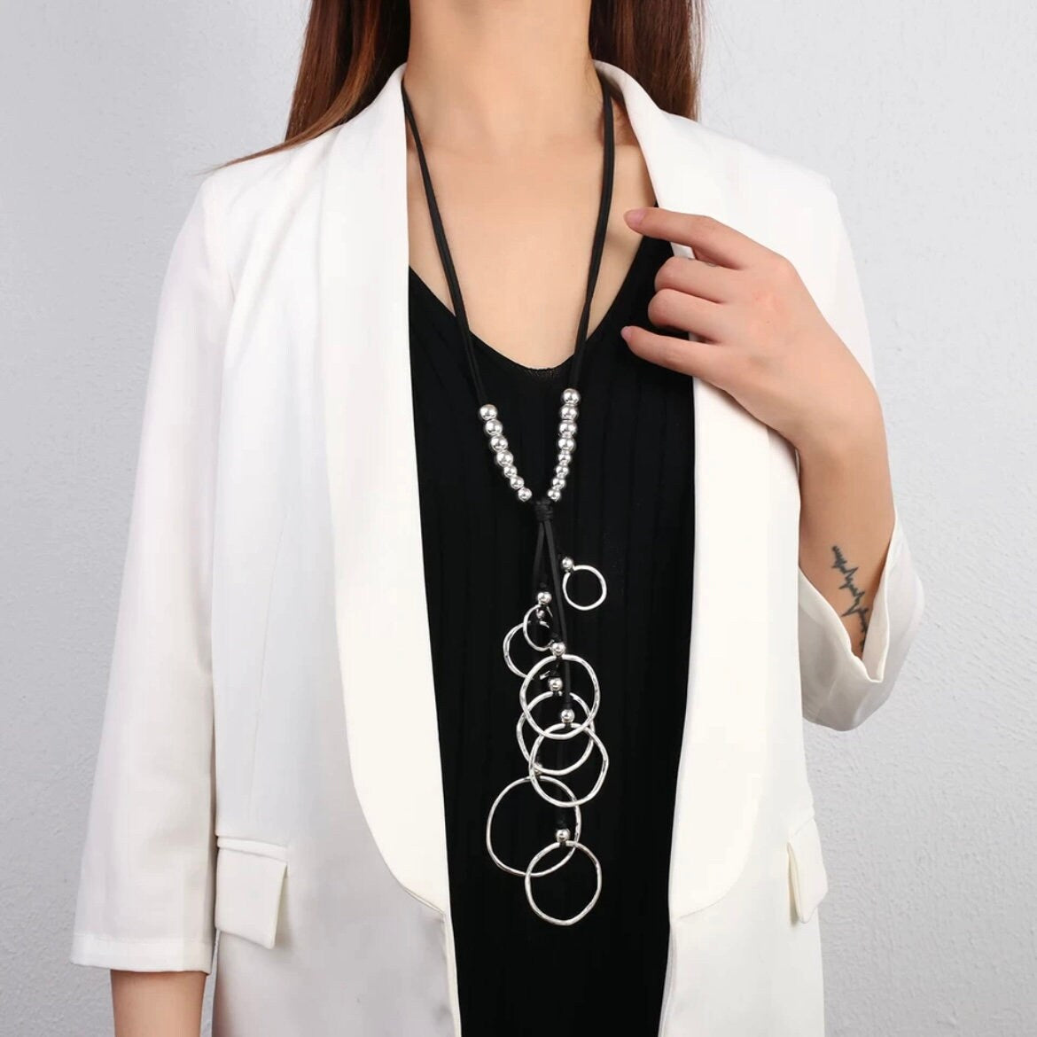 Large Loop Circle Statement Sweater Pendant Beads Tassel Long Leather Cord Necklace