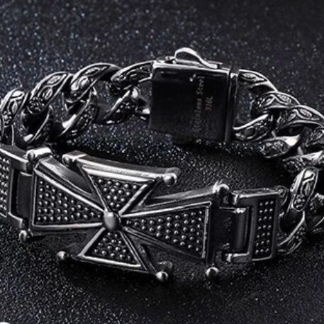 Cross Vintage Silver & Black Cuban Chain Bracelet