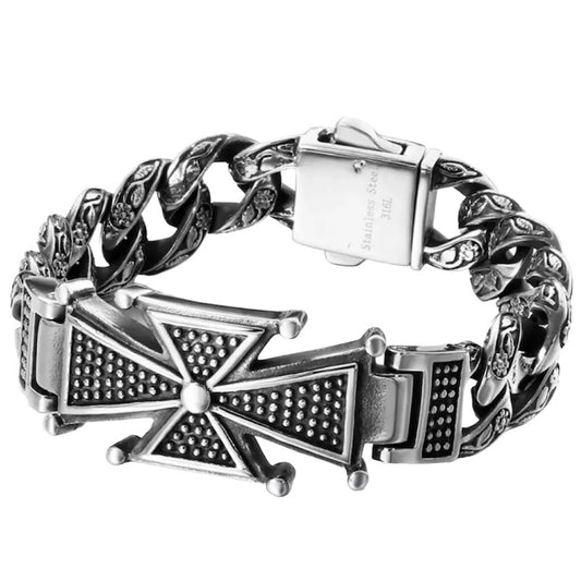 Cross Vintage Silver & Black Cuban Chain Bracelet