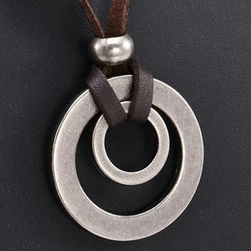 Double Circle Adjustable Leather Cord Necklace Pendant